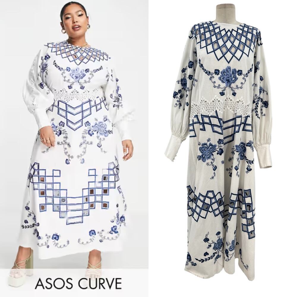 ASOS Curve White and Blue Maxi Dress